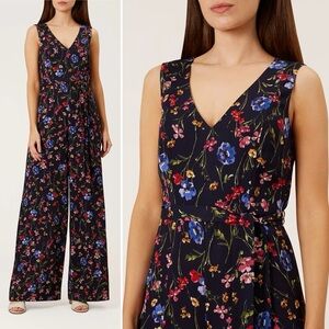 Hobbs London Laura Floral Jumpsuit 4 Small navy sleeveless flowy belted wide leg